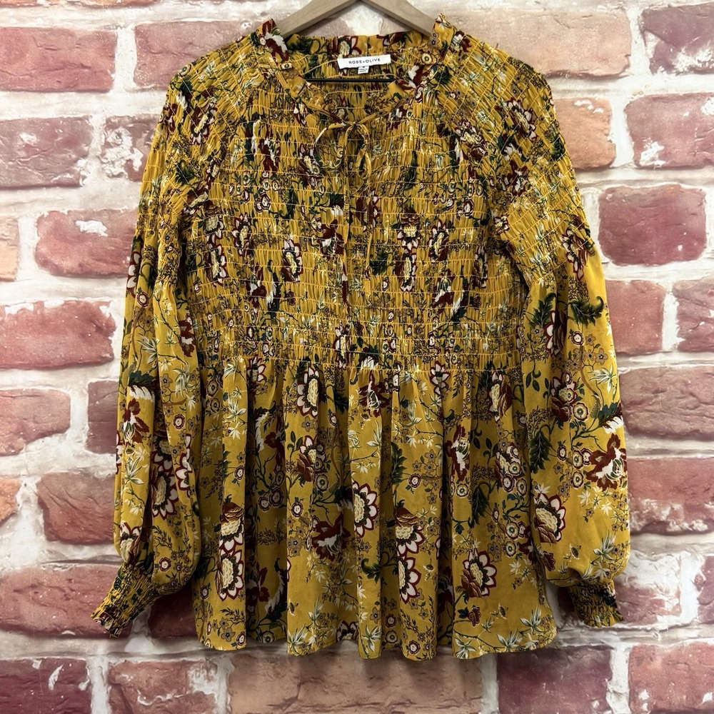 Rose + Olive Top Women's Medium Yellow Boho Floral Smocked Peasant Sleeve Shirt